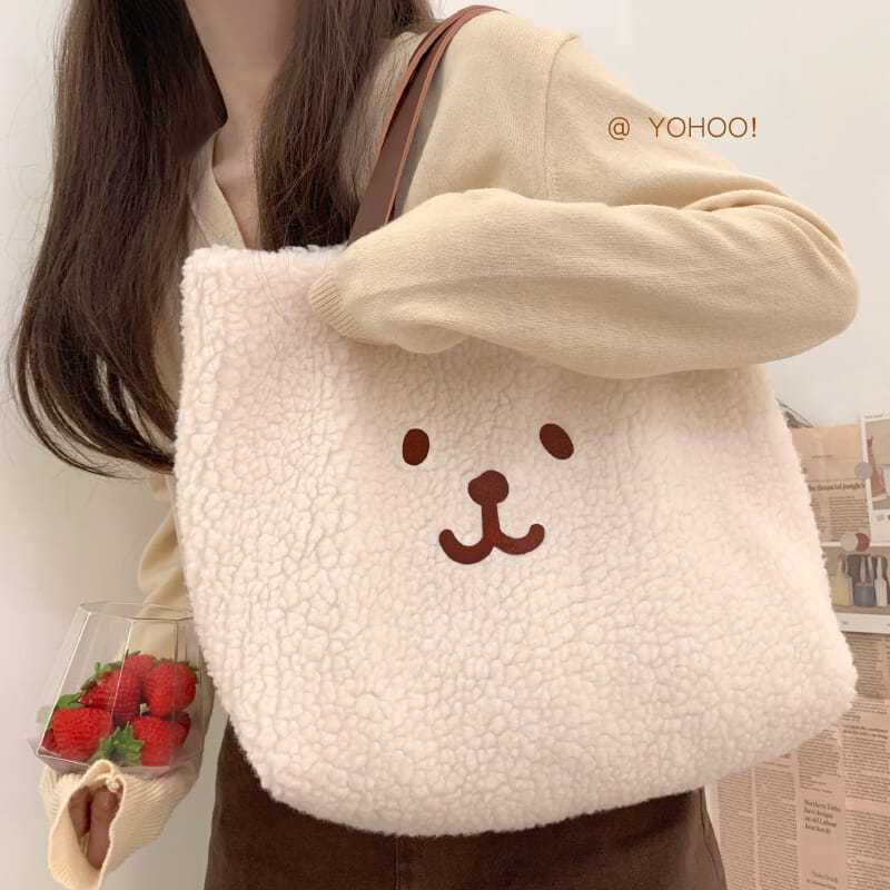 YOHOO!/毛絨絨~chic日系可愛刺繡秋冬季手提單肩包包購物袋女ins