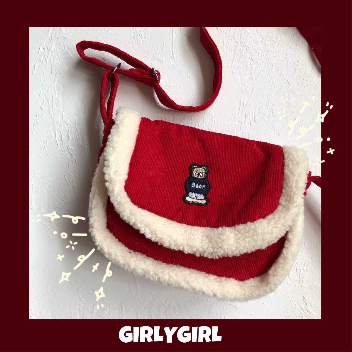 GIRLYGIRL 自製紅小熊軟妹羊羔毛街頭斜挎包