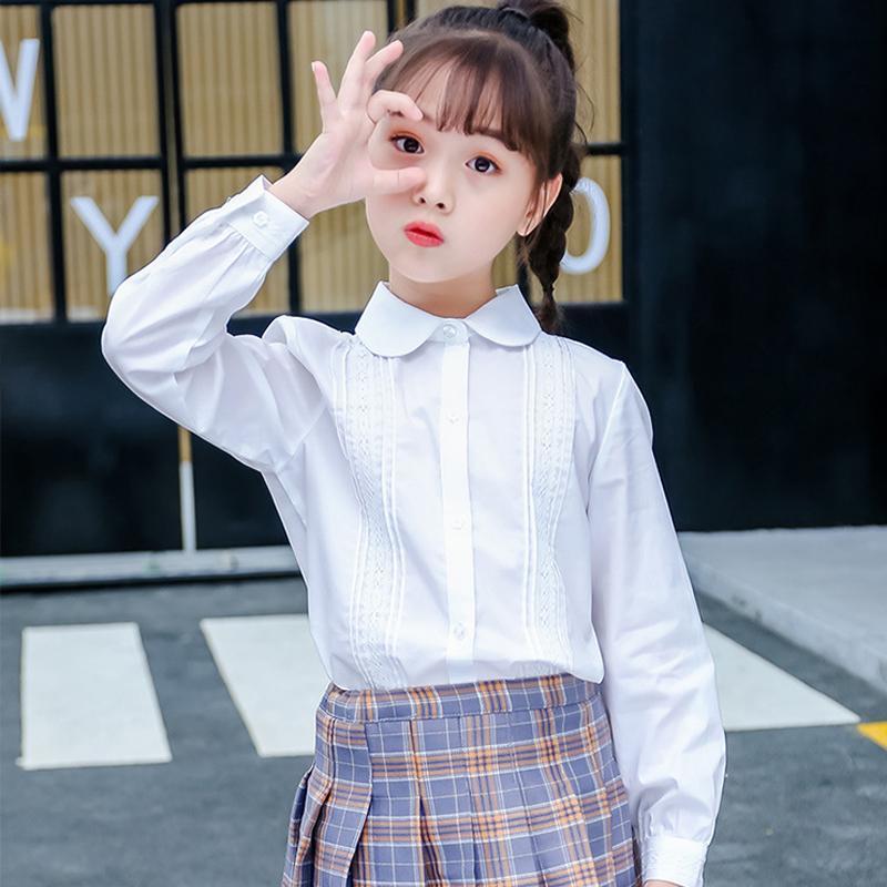 女童白襯衫春秋裝純白色上衣兒童純棉長袖襯衣學生學校表演蕾絲衫