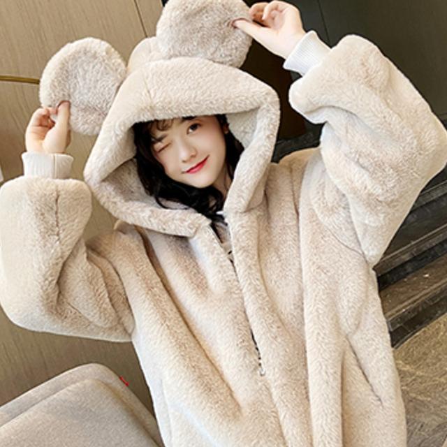 Warm fur coat women's autumn and winter new soft girl plush plus velvet bear ears hooded loose thin top