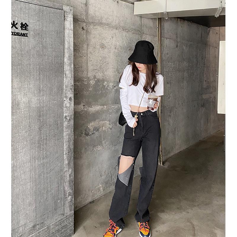 Spring and Autumn thin gray and black high-waisted ripped jeans for women, drapey floor-length wide-leg pants, loose straight leg dad pants