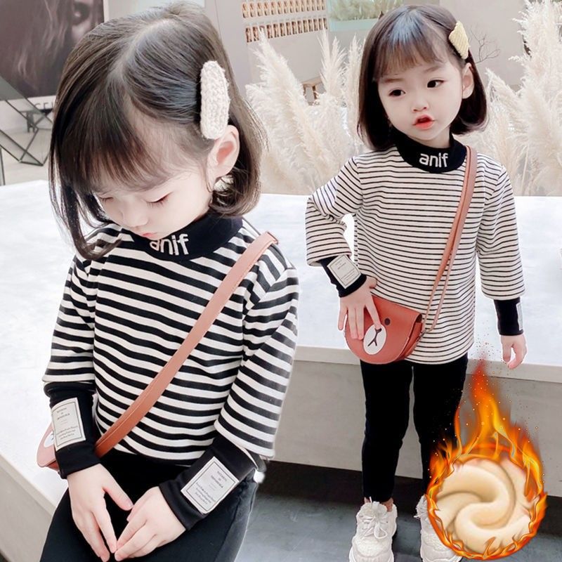 女童加絨打底衫2021新款女寶寶加厚秋冬裝洋氣條紋兒童半高領上衣