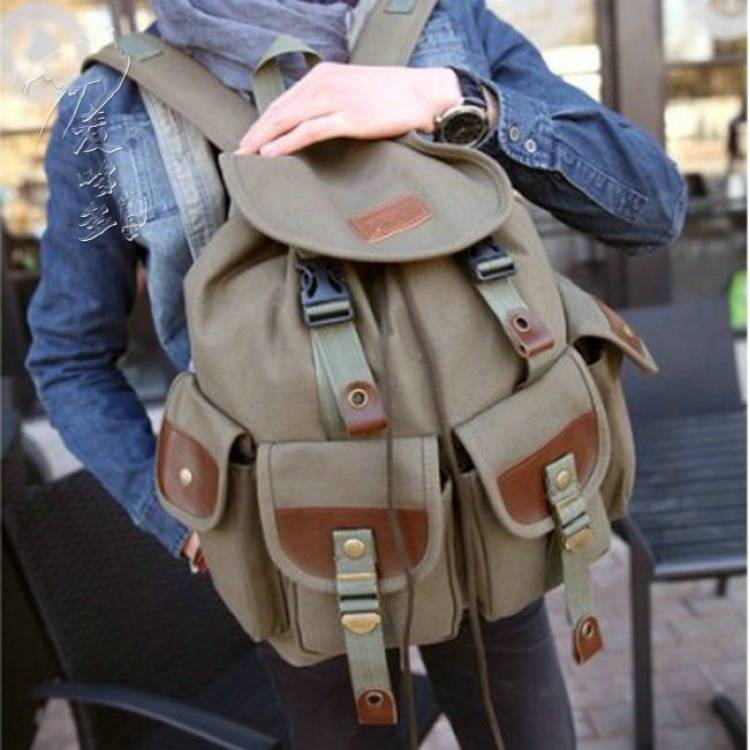 Backpack canvas men's drawstring thick casual backpack men's travel bag men's and women's retro versatile school bag trendy