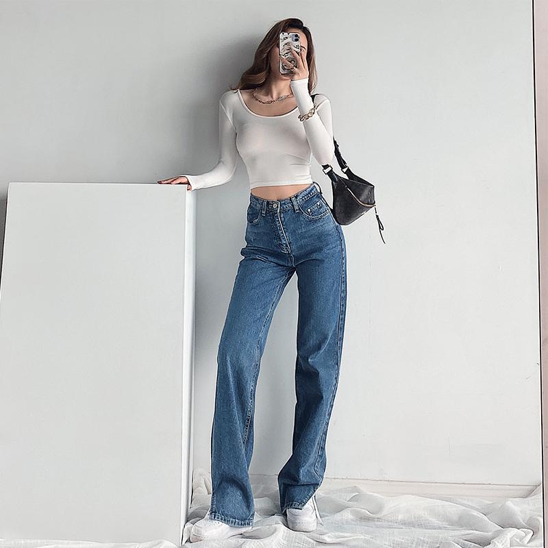 European and American high waist thin straight jeans women's  spring and autumn new retro all-match slim slit mopping trousers