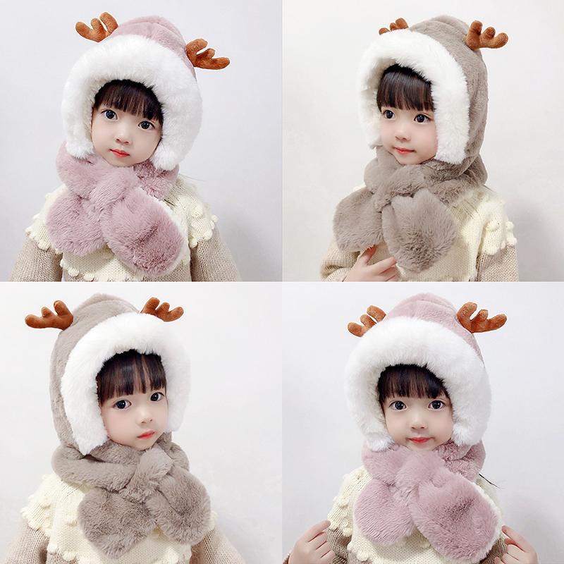 Winter children's hat and scarf in one, boys and girls thickened warm Plush cute baby antler windproof ear cap