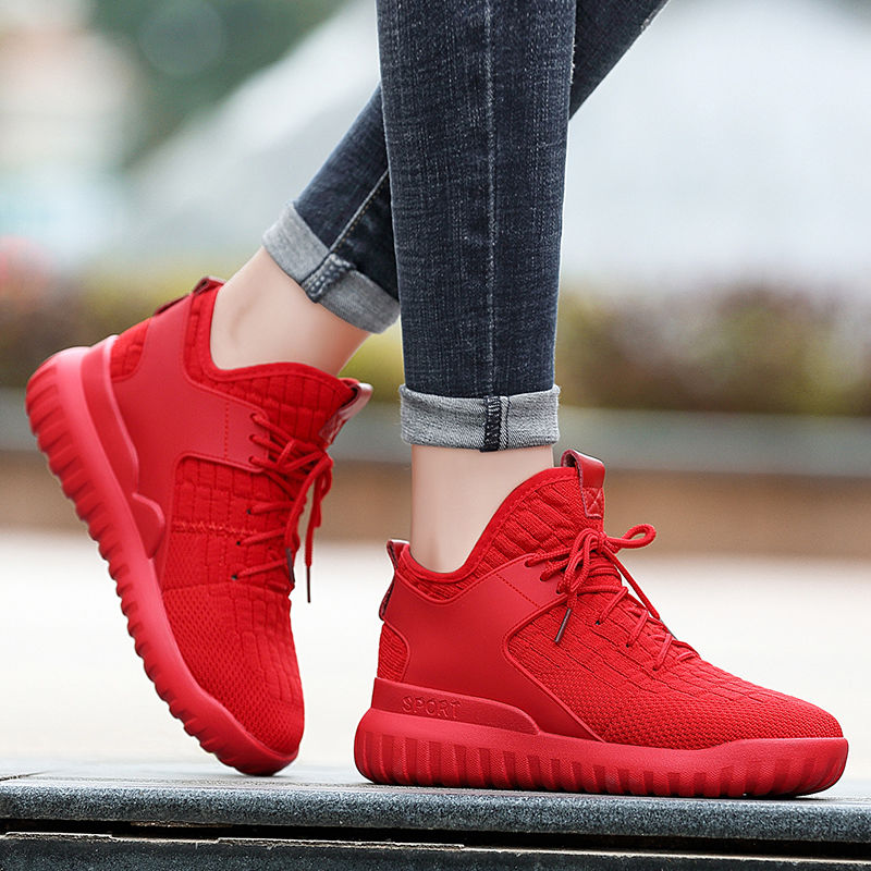 红色运动鞋女大红色冬季加绒休闲鞋2020年新款百搭轻便平底跑步鞋