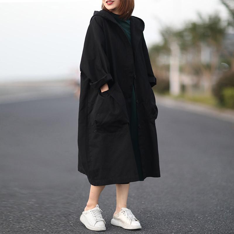 Loose large size women's long section large pocket windbreaker coat women's hooded commuting autumn and winter casual long-sleeved coat women