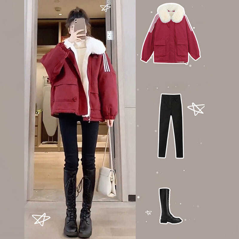 Autumn and winter Korean girl's bread jacket, cotton padded jacket, foreign style, thin and plush pants, fashionable two-piece Street frying suit