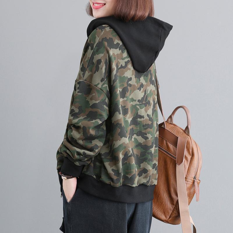 Plus size women's long-sleeved spring top women's hooded jacket women's trendy ins autumn and winter casual casual camouflage clothing loose
