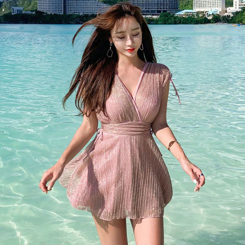 韩国ins风薄纱仙女连体裙式游泳衣女 仙气少女泳装比基尼