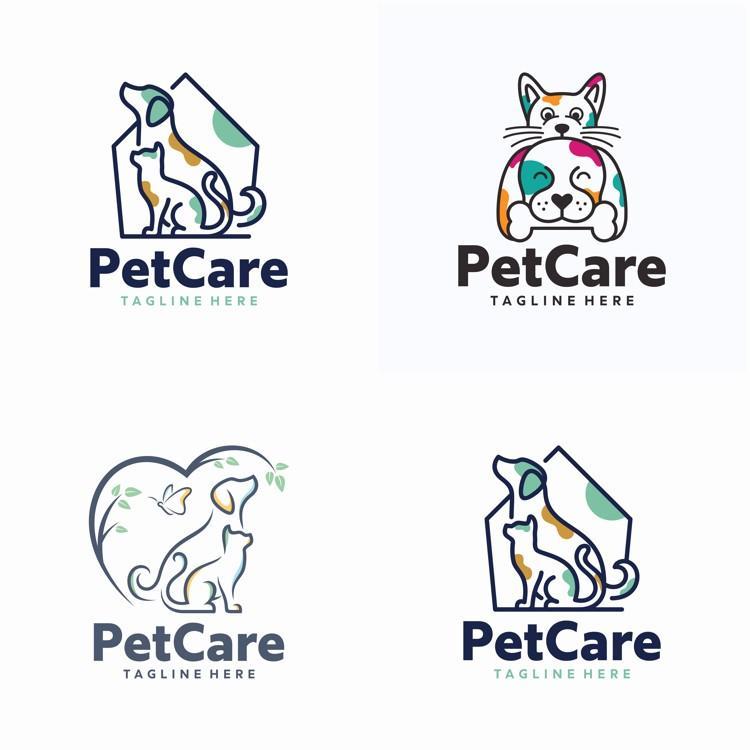 4套 动物logo标志狗狗猫咪宠物店狗粮品牌插画ai矢量设计素材