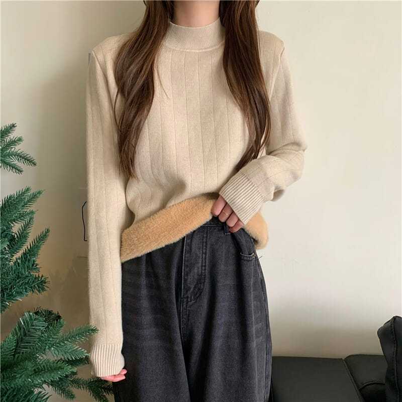 韓版保暖一體仿貂毛加厚加絨半高領洋氣毛衣女冬季打底長袖針織衫