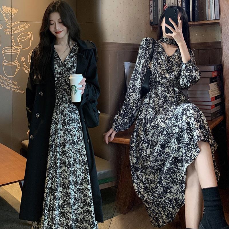 Spring and autumn new floral dress with coat inner bottoming skirt women's autumn and winter chiffon long skirt long-sleeved French style