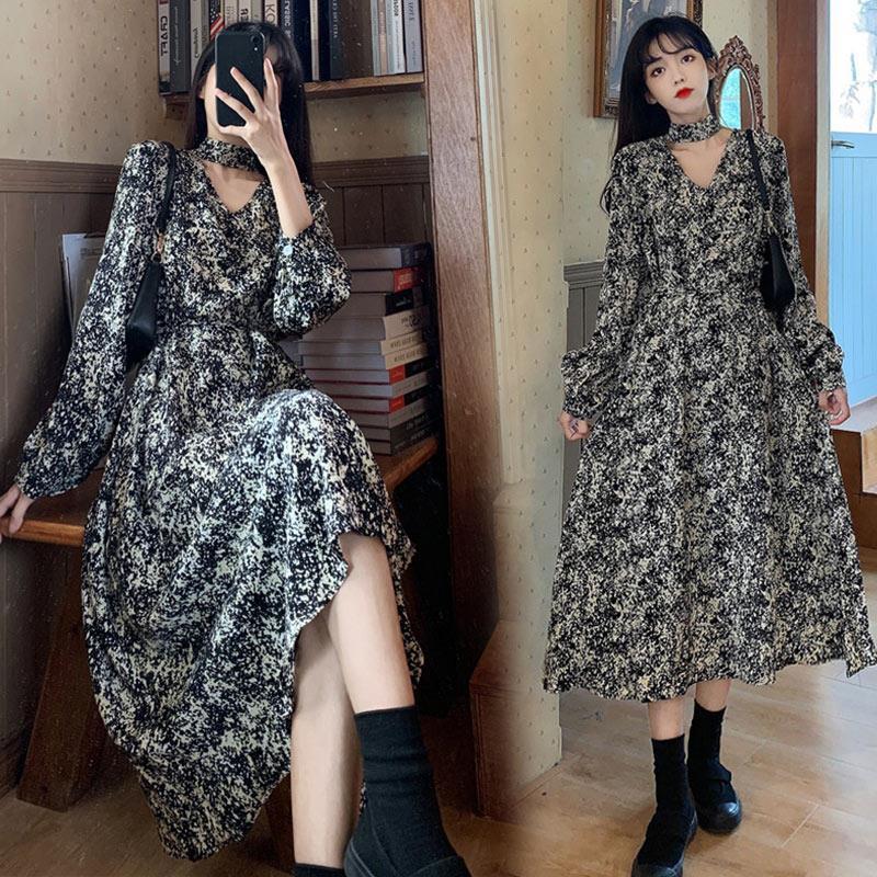 Spring and autumn new floral dress with coat inner bottoming skirt women's autumn and winter chiffon long skirt long-sleeved French style