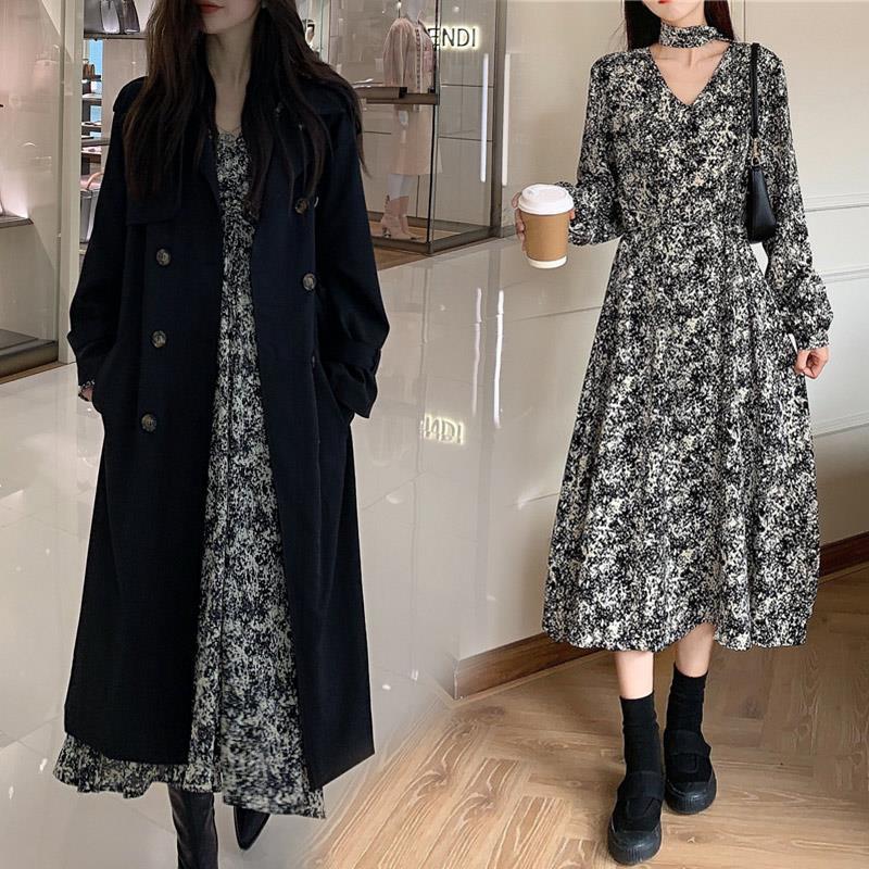 Spring and autumn new floral dress with coat inner bottoming skirt women's autumn and winter chiffon long skirt long-sleeved French style