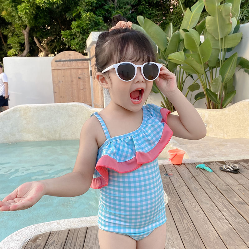 韩国ins儿童泳衣女女童小公主连体宝宝游泳衣可爱格子