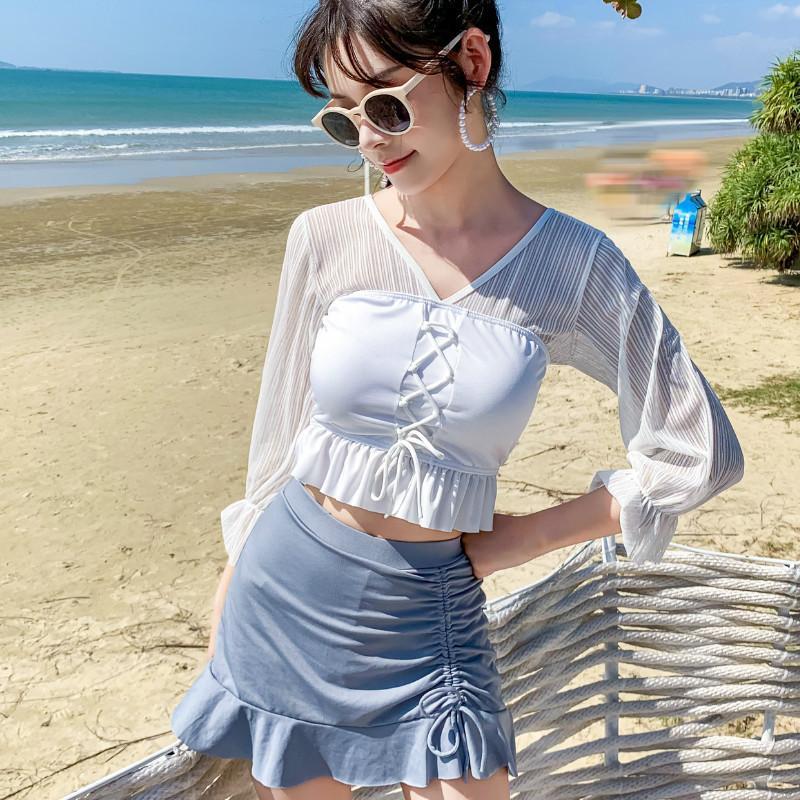 2023 split swimsuit women's two-piece set small fresh long-sleeved fairy fan Korean ins style conservative hot spring students
