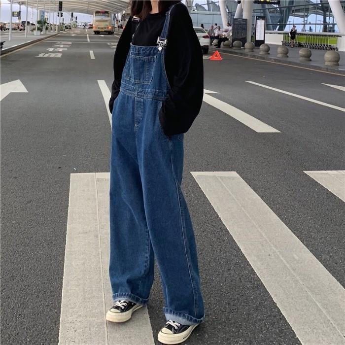 Salt student tooling suspenders jeans spring and autumn hot style 2022 loose high waist straight pants ins trendy jumpsuit