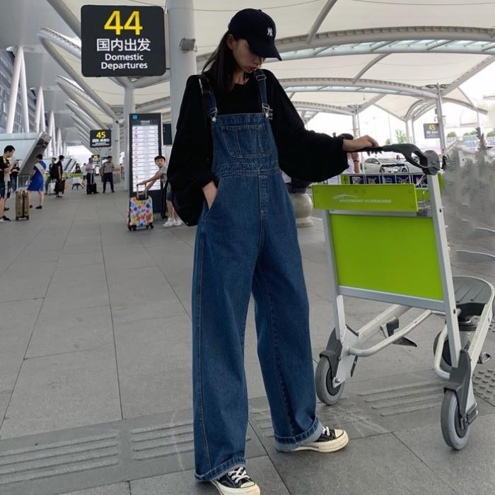 Salt student tooling suspenders jeans spring and autumn hot style 2022 loose high waist straight pants ins trendy jumpsuit