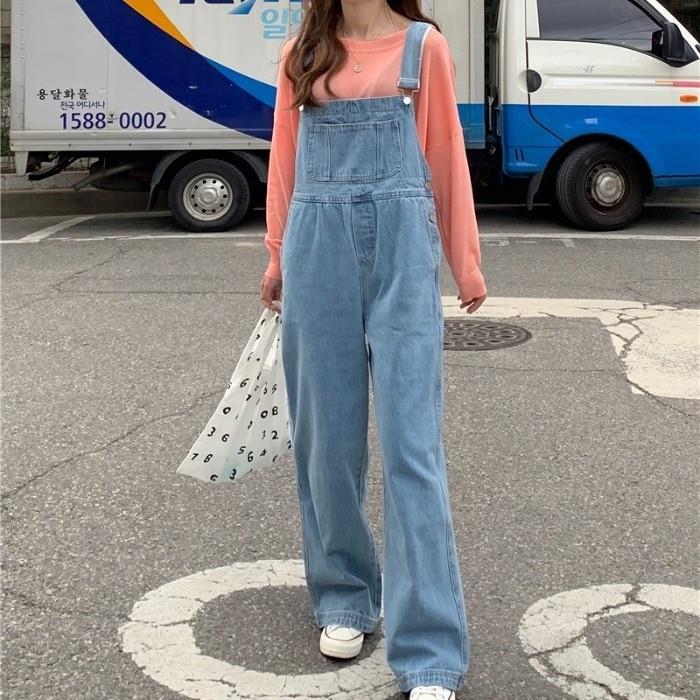 Salt student tooling suspenders jeans spring and autumn hot style 2022 loose high waist straight pants ins trendy jumpsuit