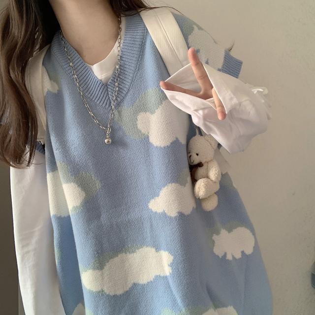 Two-piece suit/single piece of fresh girly Chic blue sky and white clouds knitted sweater vest with long-sleeved white T-shirt inside