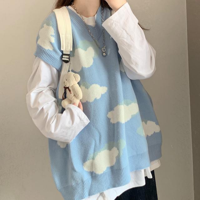 Two-piece suit/single piece of fresh girly Chic blue sky and white clouds knitted sweater vest with long-sleeved white T-shirt inside