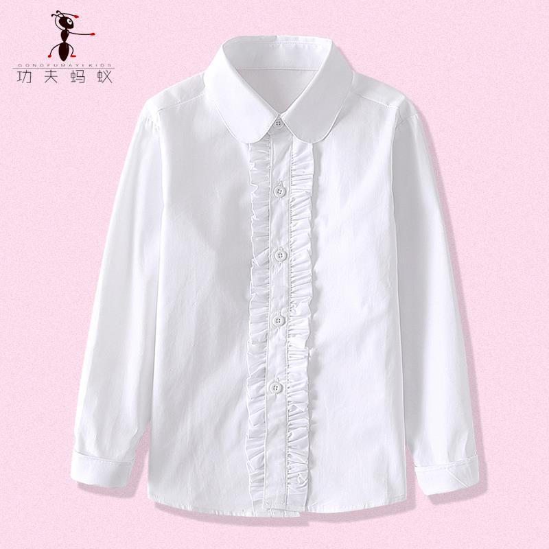女童純棉白襯衫加絨加厚秋冬款小學生校服兒童白色長袖襯衣中大童