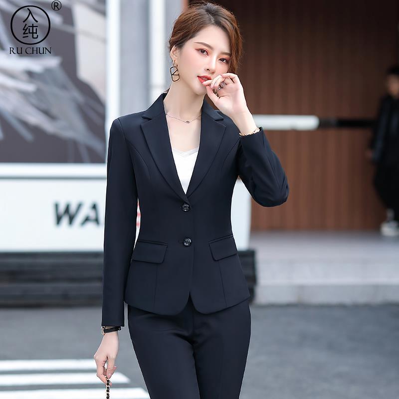 黑色西装职业女2022春秋新款韩版面试短款收腰显瘦职业西服套装
