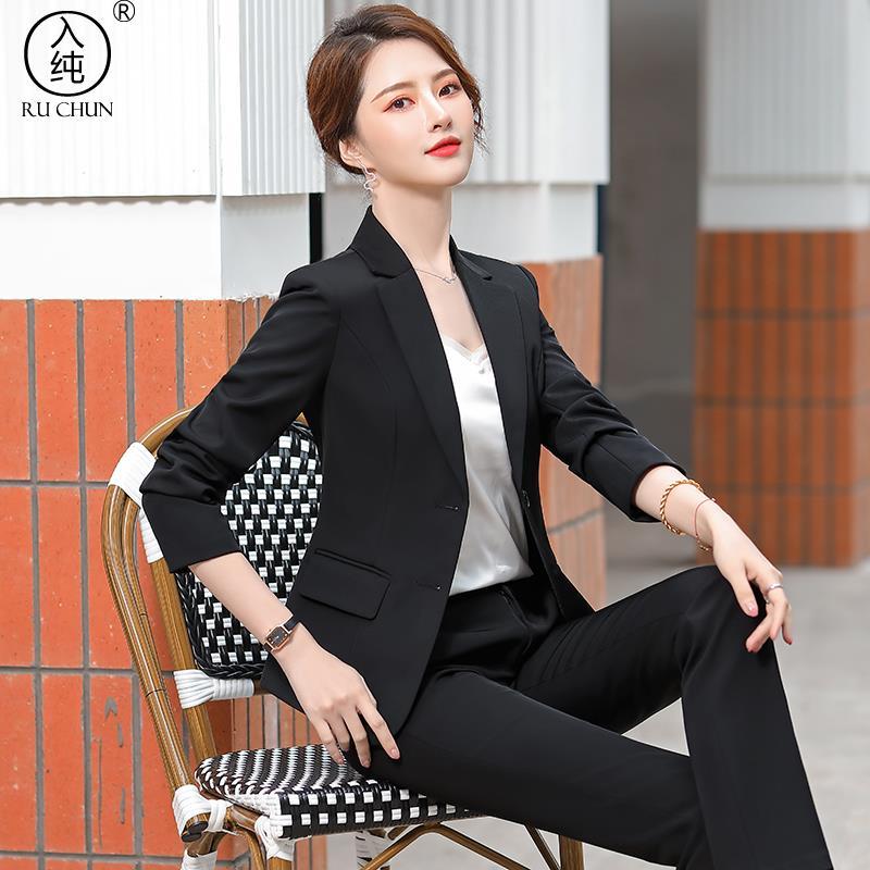 黑色西装职业女2022春秋新款韩版面试短款收腰显瘦职业西服套装