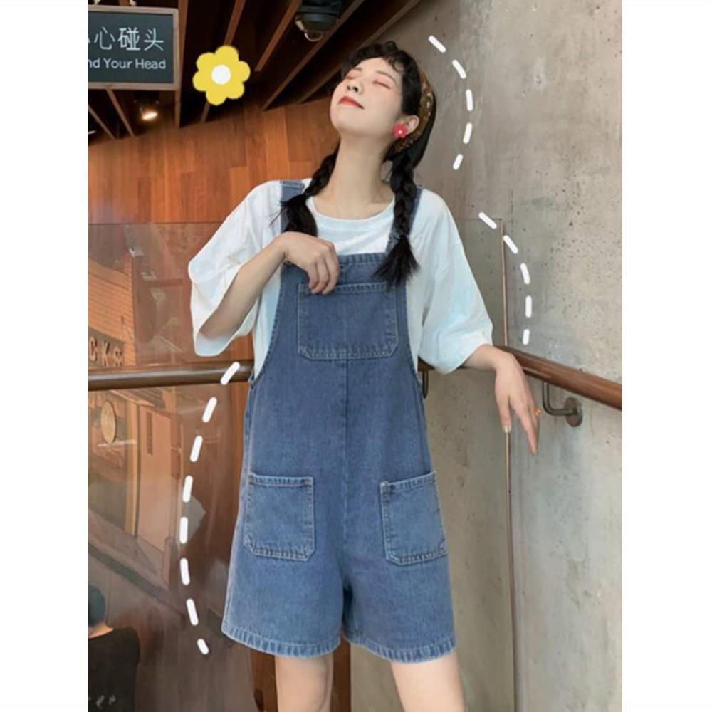 Antique overalls short female Korean version loose spring and summer new Hong Kong style student straight net red denim shorts tide