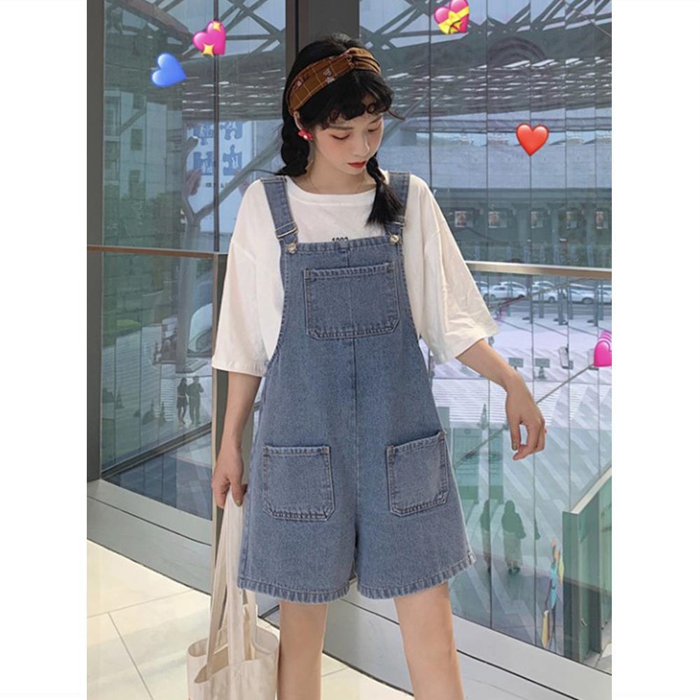 Antique overalls short female Korean version loose spring and summer new Hong Kong style student straight net red denim shorts tide