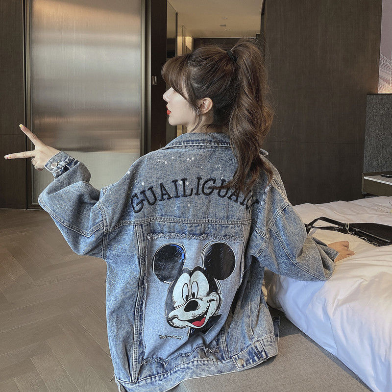 2021 new European station Hong Kong style cartoon Mickey print denim short jacket female small trendy Korean version loose