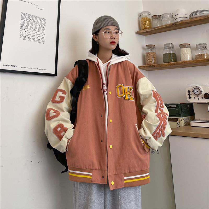 Tide brand letter baseball uniform jacket female 2021 spring new Korean version loose BF style student Hong Kong style tooling jacket