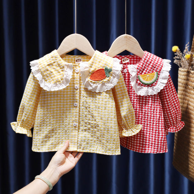 女童衬衫小童短款衬衣长袖纯棉春秋韩版洋气时髦婴儿宝宝格子上衣