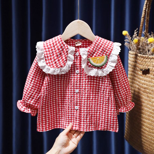女童衬衫小童短款衬衣长袖纯棉春秋韩版洋气时髦婴儿宝宝格子上衣