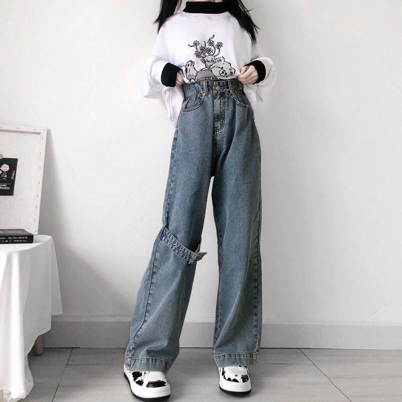 Spring and summer new Korean version slim and high loose jeans female high waist student all-match straight wide leg long pants trendy