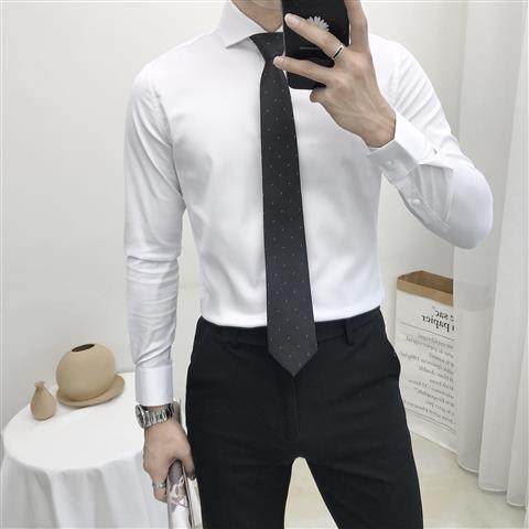 2021男士衬衣韩版温莎领一字领修身白衬衫职业正装商务衬衫男长袖