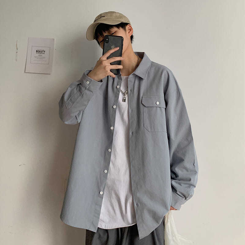 Spring and autumn shirt men's long-sleeved student Korean style trendy handsome tooling shirt Hong Kong style ruffian handsome casual all-match coat