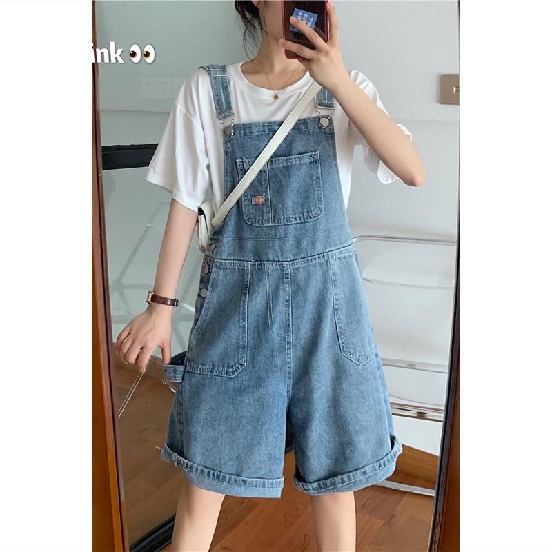 Denim suspender shorts, female summer students, loose and cute, Japanese, small, wide-legged, thin, suspenders, one-piece five-point pants