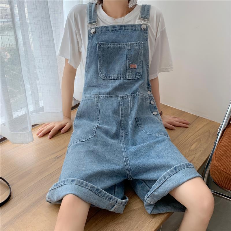 Denim suspender shorts, female summer students, loose and cute, Japanese, small, wide-legged, thin, suspenders, one-piece five-point pants