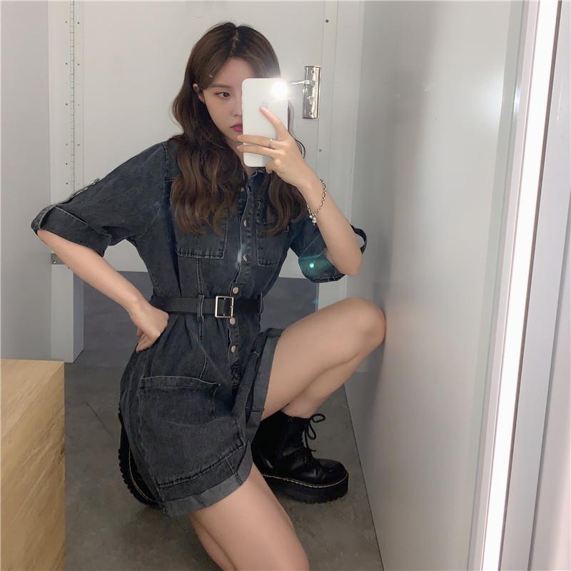 Hong Kong style age-reducing jeans women's 2023 summer new Korean version of high-waist overalls shorts slim waist jumpsuit