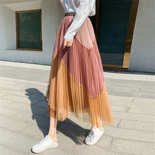 彩色渐变网纱半身裙女2021春秋高腰显瘦a字裙垂感中长款百褶裙