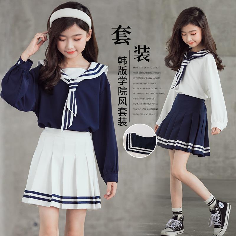 Navy collar jk uniform children's genuine girls' long-sleeved primary school student suit full set of college style pleated skirt two-piece set