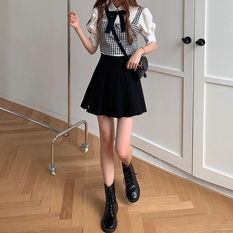 Fashion suit women's western style plaid suspenders white shirt design niche short skirt pants three-piece suit trendy/single piece