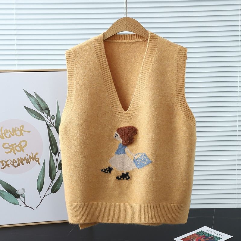 Spring new Korean version loose V-neck knitted vest vest women's all-match embroidery vest waistcoat sleeveless sweater women