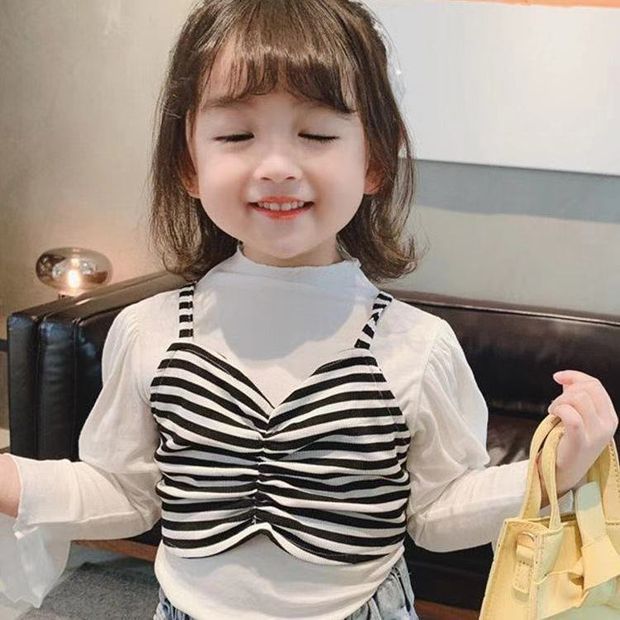 2022春款女童長袖純棉T恤兩件套韓版寶寶洋氣上衣套裝打底衫+吊帶