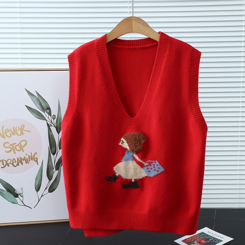 Spring new Korean version loose V-neck knitted vest vest women's all-match embroidery vest waistcoat sleeveless sweater women
