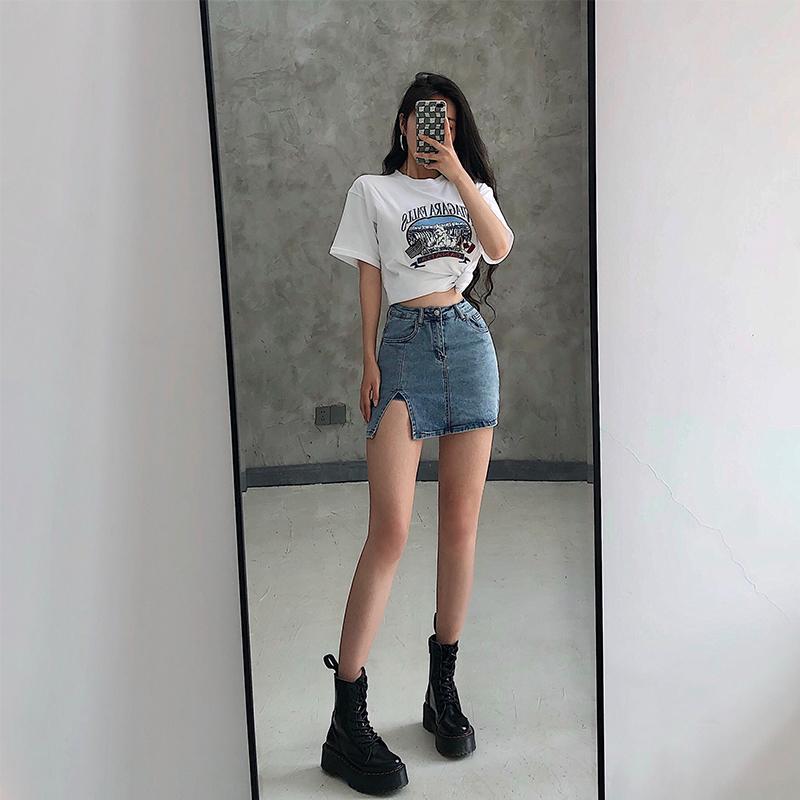  spring and summer new European and American style high waist sexy unilateral slit anti-light package hip denim skirt skirt trendy