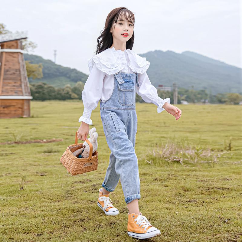 女童牛仔背帶褲套裝春秋裝2023新款大童兒童洋氣初中生女孩兩件套