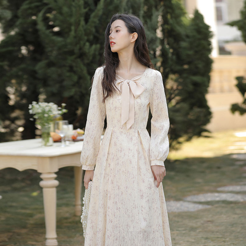 French platycodon first love skirt new style  spring and summer gentle temperament high waist long lace floral dress